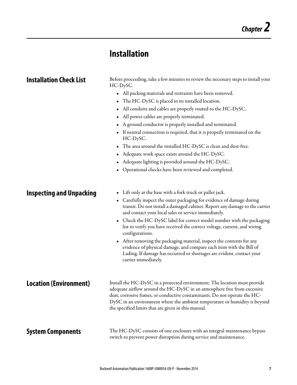 Installation, Chapter, Installation check list | Inspecting and unpacking, Location (environment), System components | Rockwell Automation 1608P-200A480V... HC-DySC User Manual User Manual | Page 7 / 45