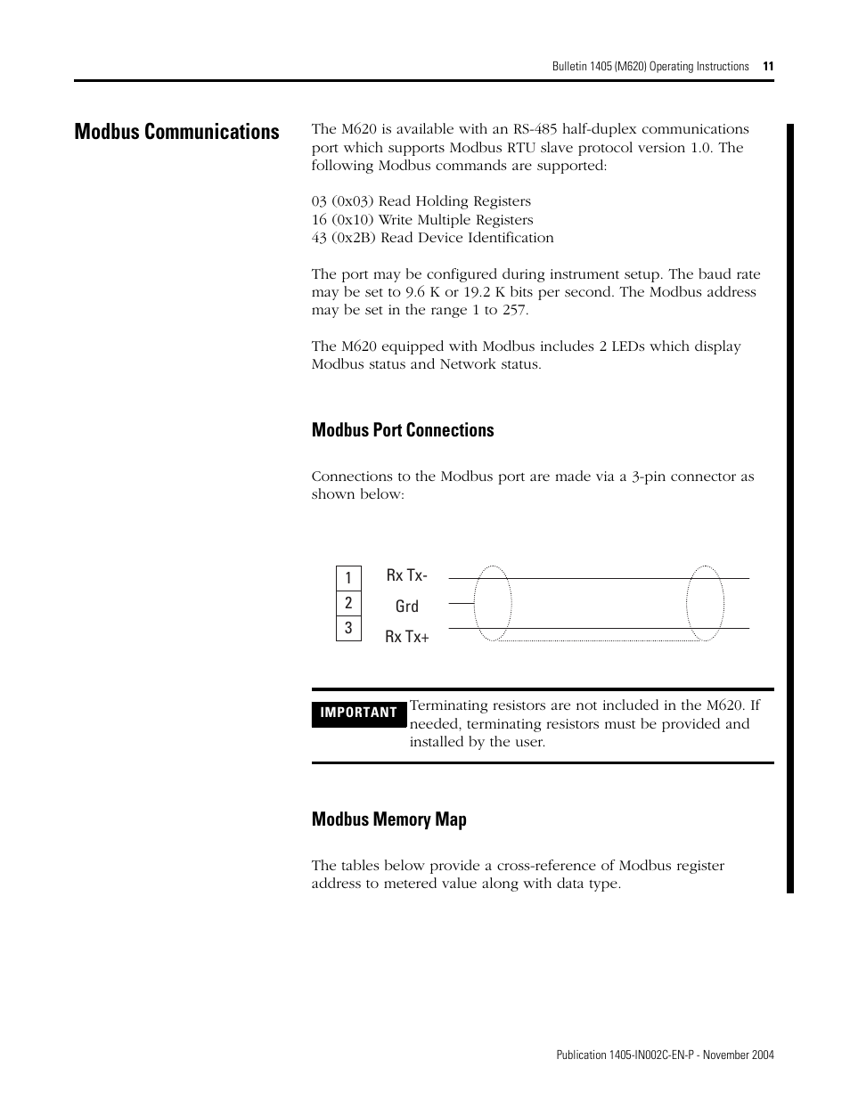 Modbus communications | Rockwell Automation 1405-M620 Operating Instructions User Manual | Page 11 / 24