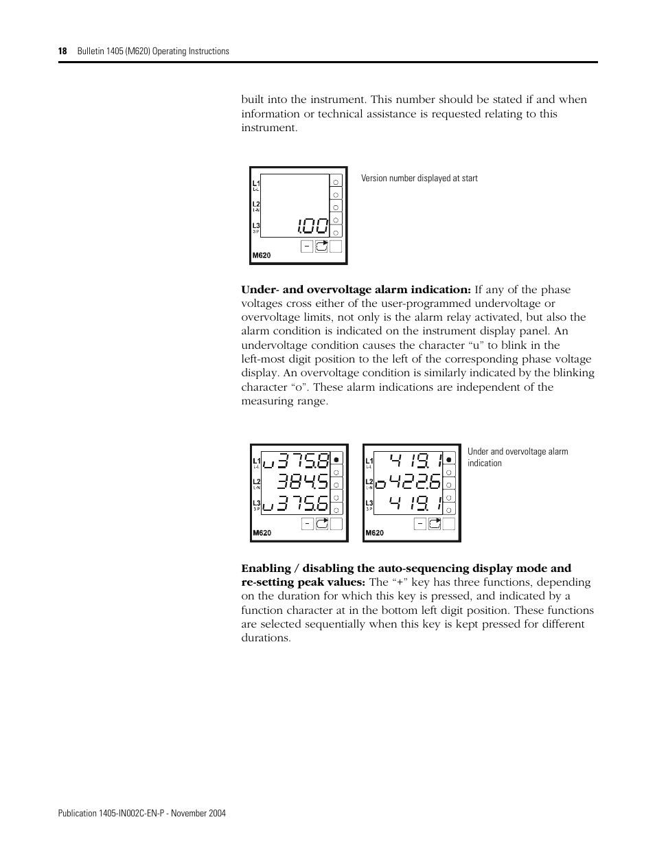 Version number displayed at start, Under and overvoltage alarm indication | Rockwell Automation 1405-M620 Operating Instructions User Manual | Page 18 / 24
