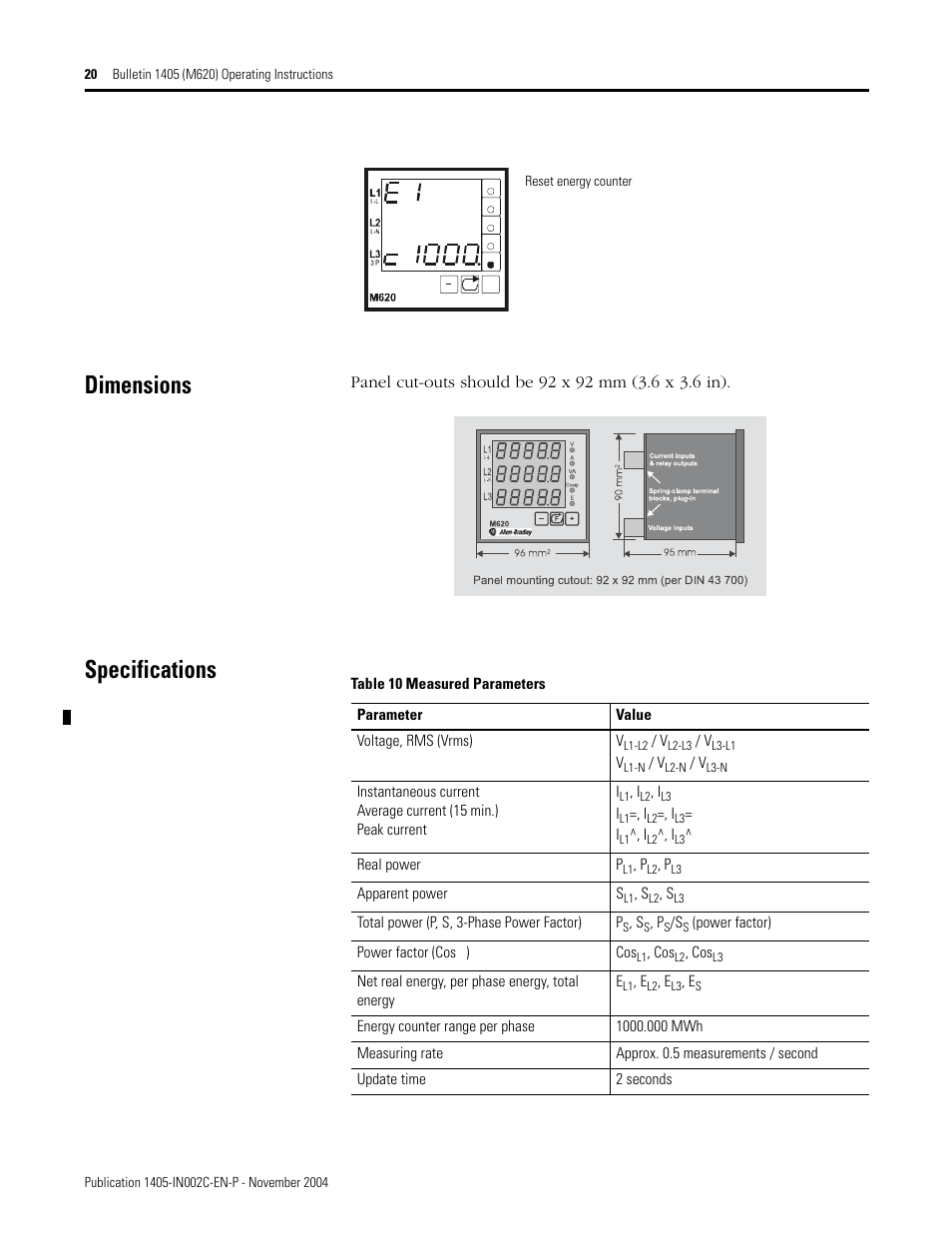 Dimensions, Specifications | Rockwell Automation 1405-M620 Operating Instructions User Manual | Page 20 / 24