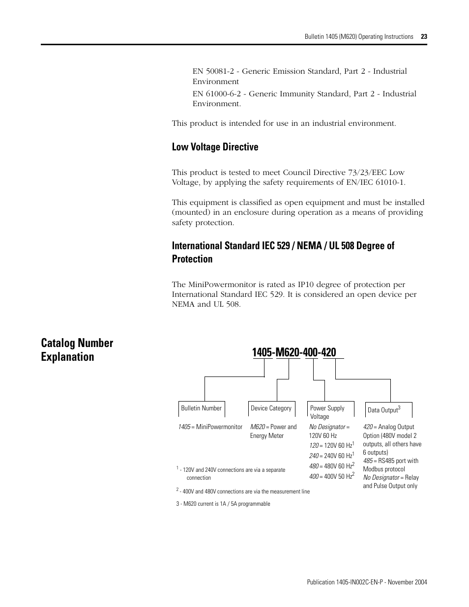 Catalog number explanation, Low voltage directive | Rockwell Automation 1405-M620 Operating Instructions User Manual | Page 23 / 24