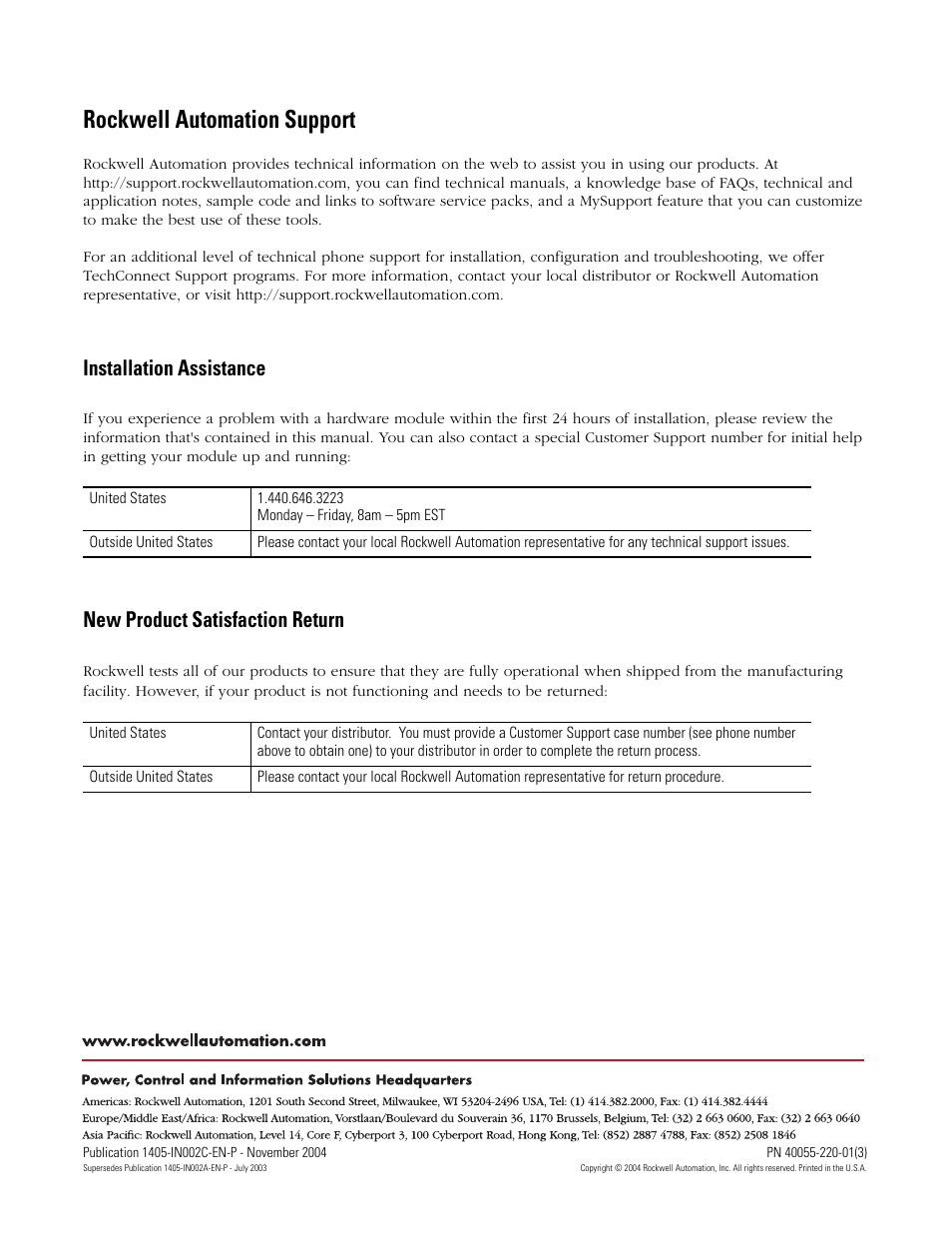 Back cover, Rockwell automation support, Installation assistance | New product satisfaction return | Rockwell Automation 1405-M620 Operating Instructions User Manual | Page 24 / 24