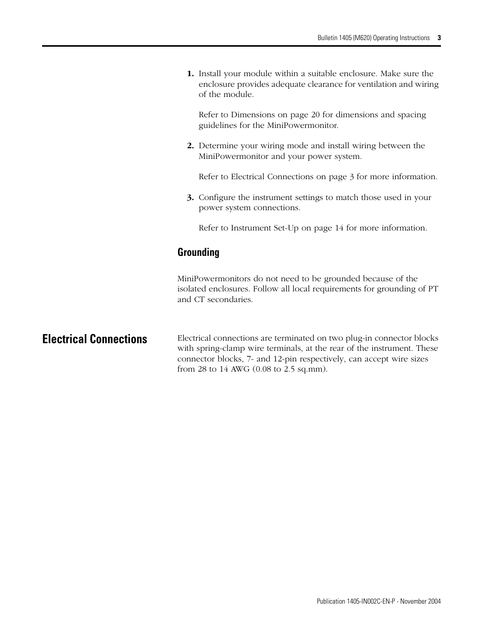 Electrical connections, Grounding | Rockwell Automation 1405-M620 Operating Instructions User Manual | Page 3 / 24