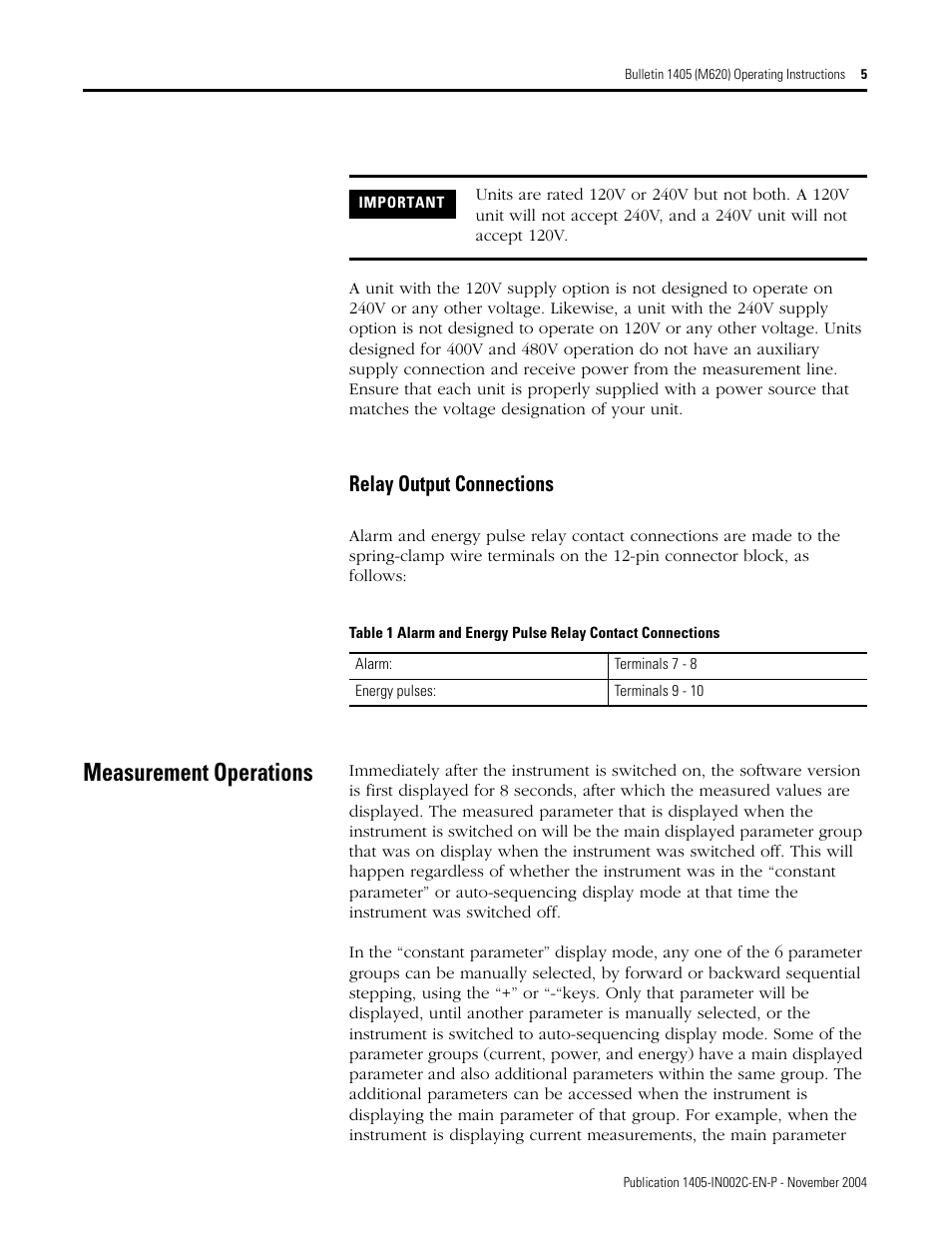 Measurement operations, Relay output connections | Rockwell Automation 1405-M620 Operating Instructions User Manual | Page 5 / 24