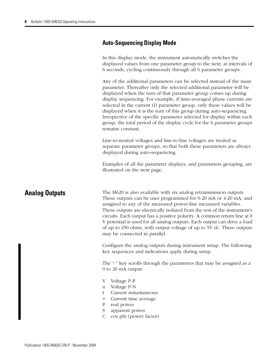 Analog outputs, Auto-sequencing display mode | Rockwell Automation 1405-M620 Operating Instructions User Manual | Page 8 / 24