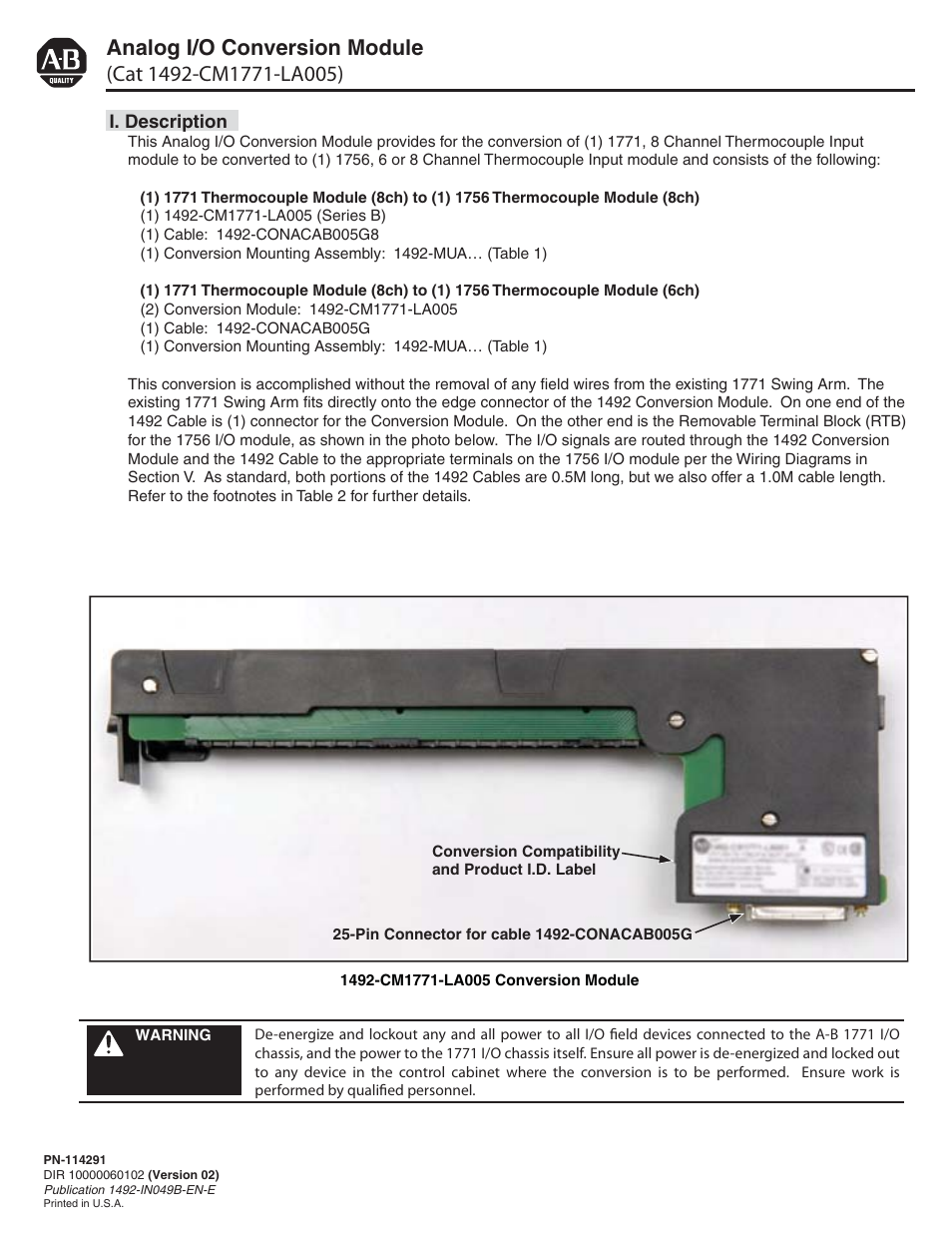 Rockwell Automation 1492-CM1771-LA005 Analog I/O Conversion Module User Manual | 8 pages