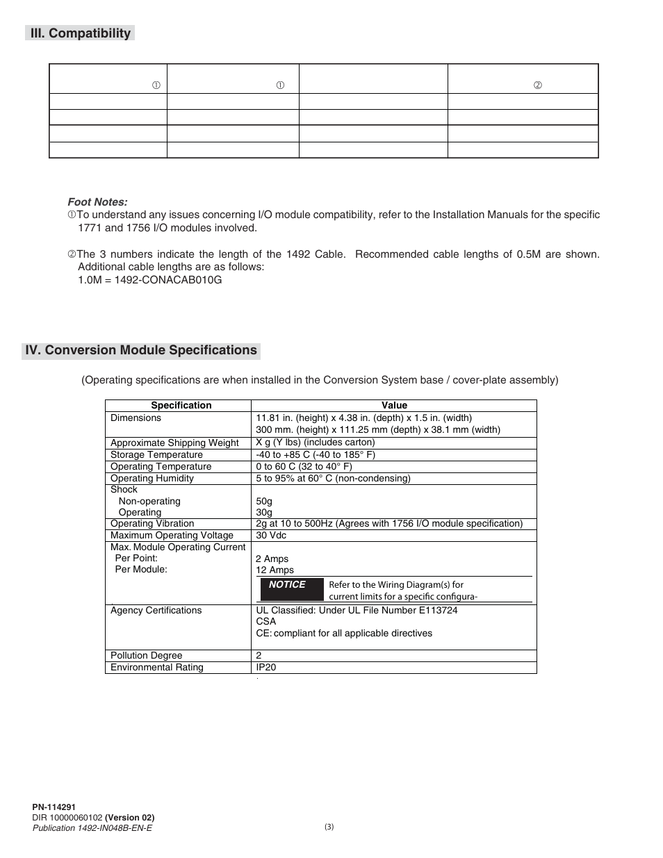 Iv. conversion module specifications, Iii. compatibility | Rockwell Automation 1492-CM1771-LA005 Analog I/O Conversion Module User Manual | Page 3 / 8