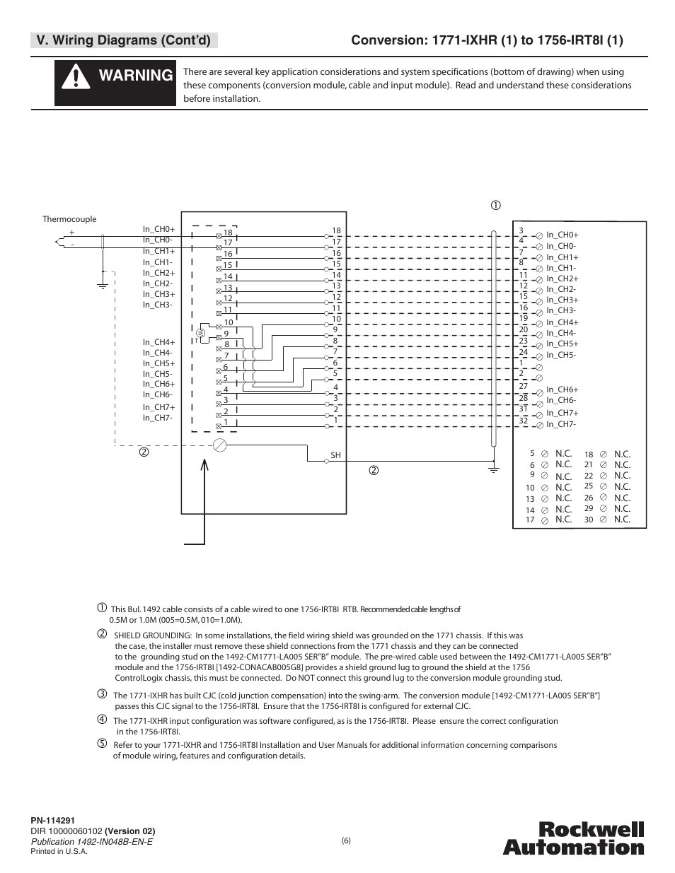 Warning, V. wiring diagrams (cont’d) | Rockwell Automation 1492-CM1771-LA005 Analog I/O Conversion Module User Manual | Page 6 / 8