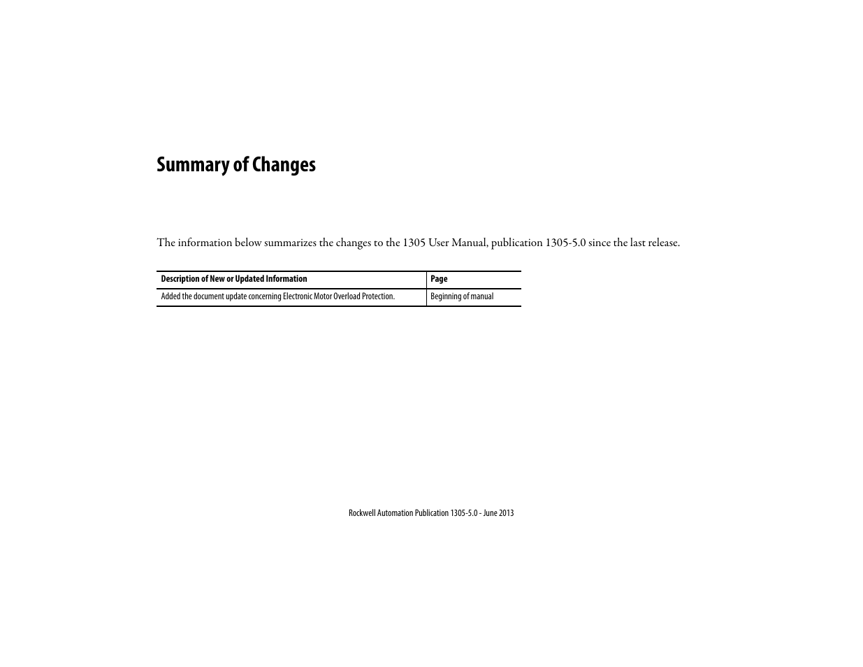 Summary of changes | Rockwell Automation 1305 AC Drive, Firmware 1.01-3.00 User Manual User Manual | Page 5 / 162