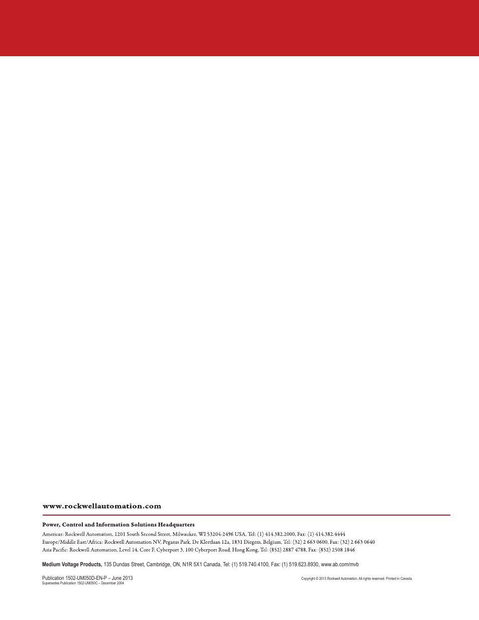 Rockwell Automation 1502 400 Amp Medium Voltage Contactor (Series D) User Manual | Page 54 / 54