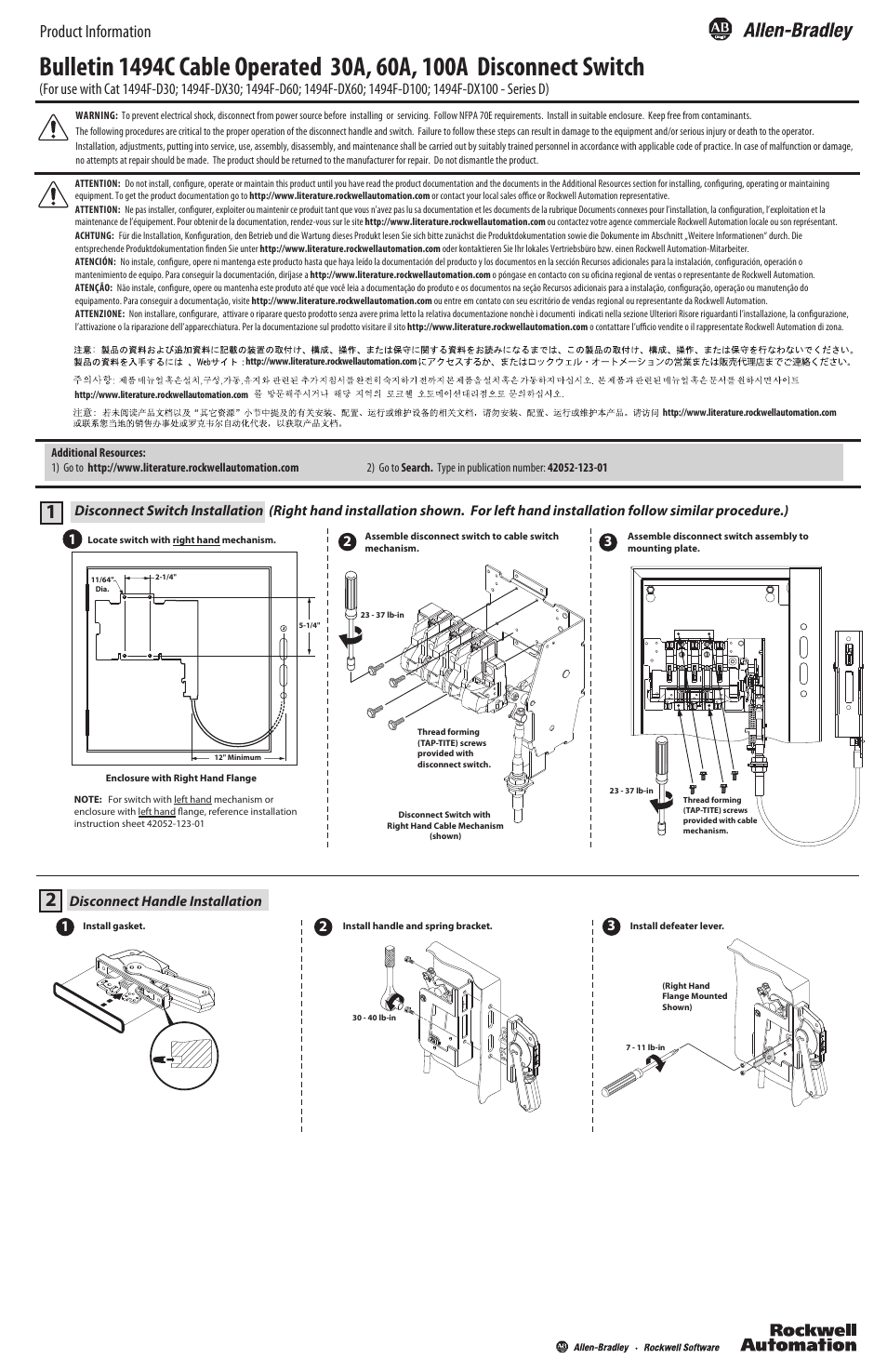 Rockwell Automation 1494C-xxx Cable Operated 30A / 60A / 100A Disconnect Switch User Manual | 2 pages