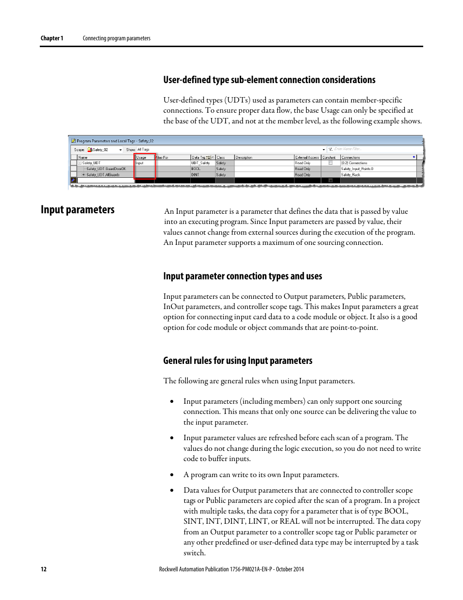 Input parameters, Input parameter connection types and uses, General rules for using input parameters | Rockwell Automation Logix5000 Program Parameters Programming Manual User Manual | Page 12 / 36