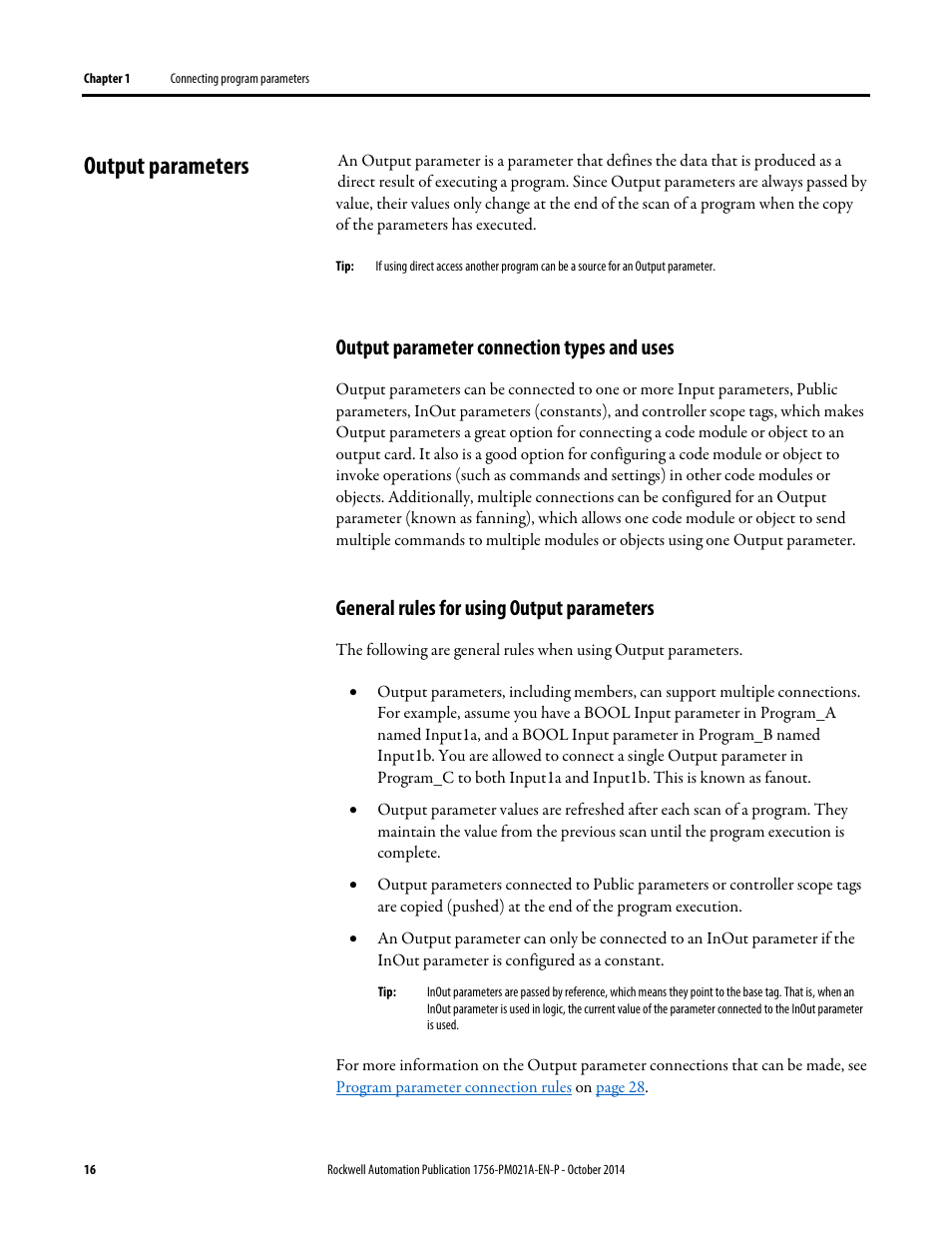 Output parameters, Output parameter connection types and uses, General rules for using output parameters | Rockwell Automation Logix5000 Program Parameters Programming Manual User Manual | Page 16 / 36