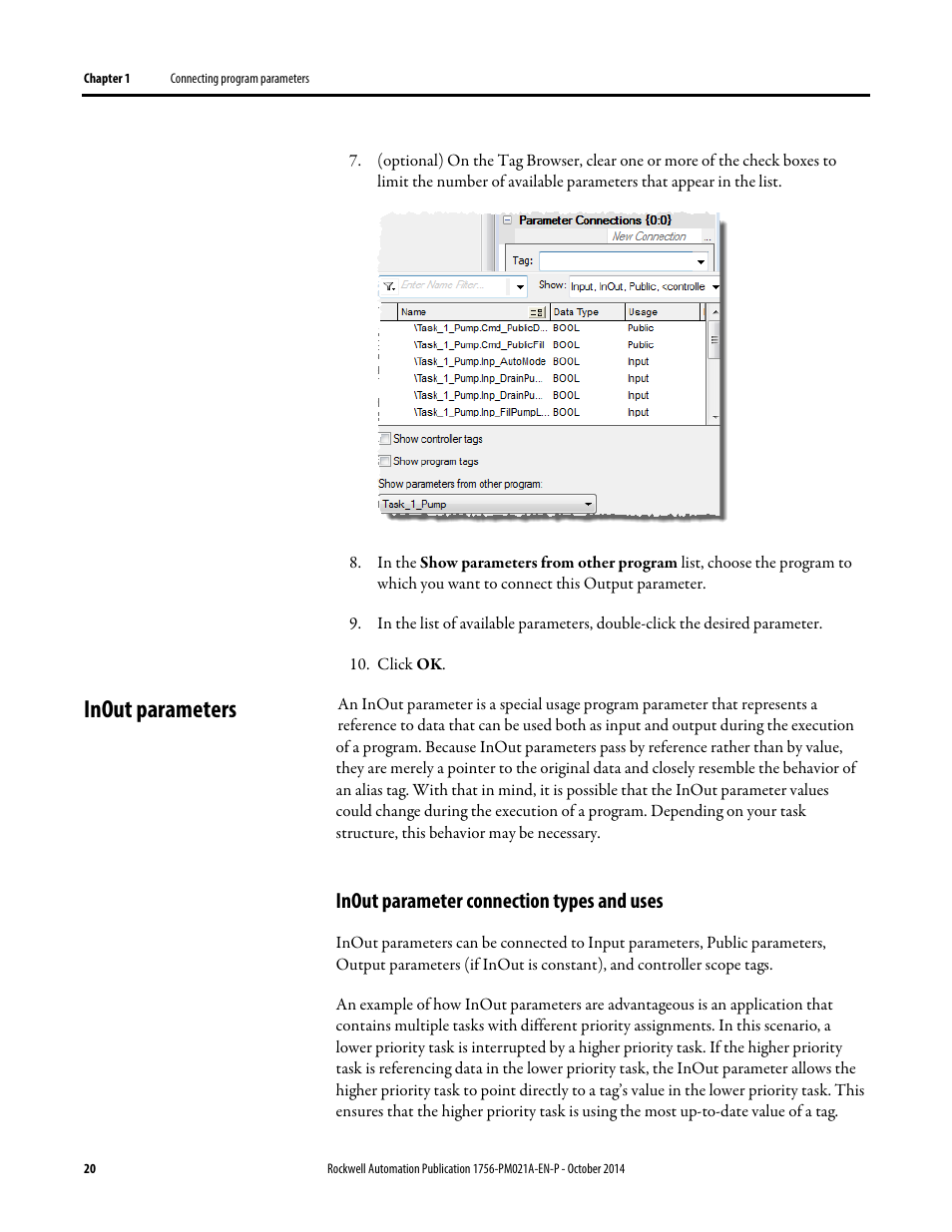 Inout parameters, Inout parameter connection types and uses | Rockwell Automation Logix5000 Program Parameters Programming Manual User Manual | Page 20 / 36