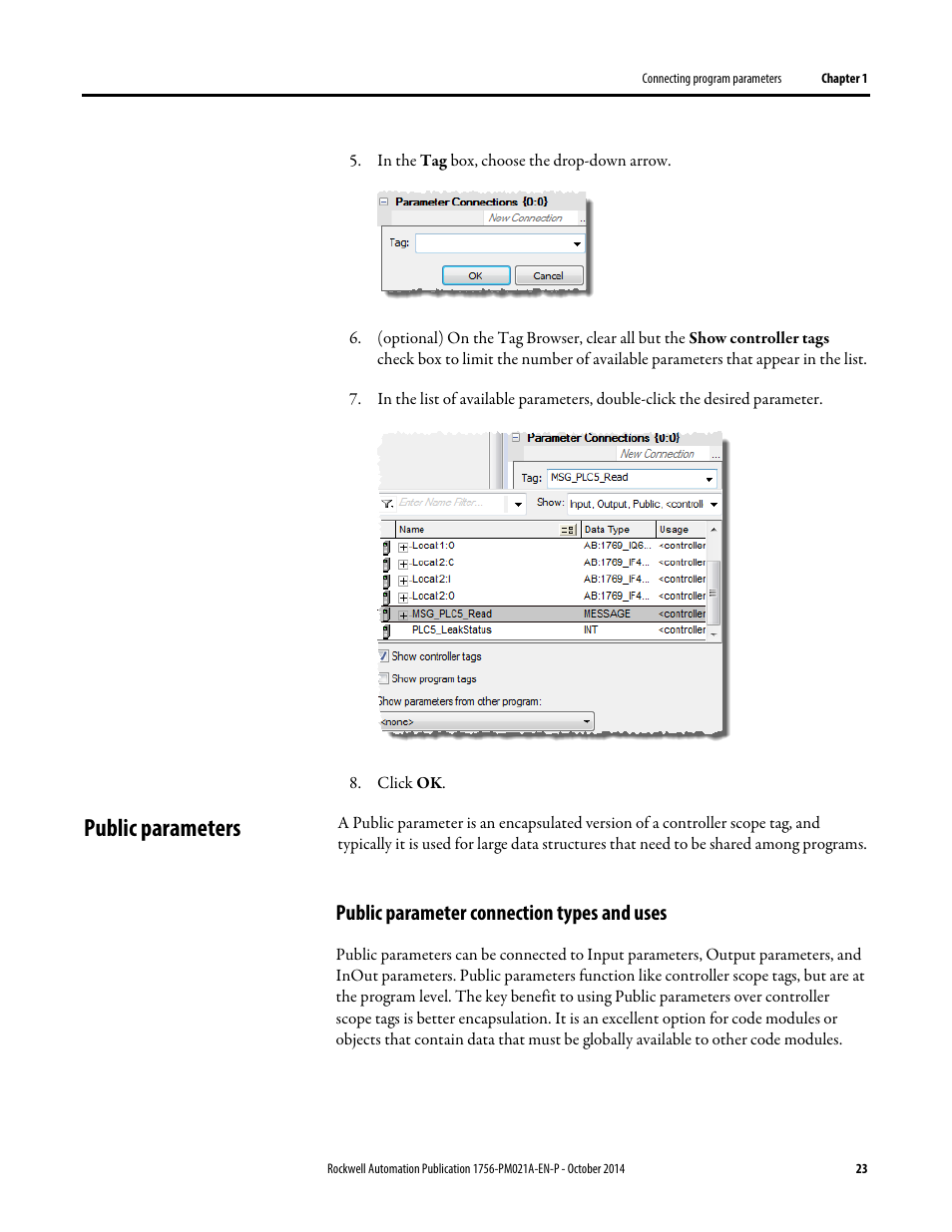 Public parameters, Public parameter connection types and uses | Rockwell Automation Logix5000 Program Parameters Programming Manual User Manual | Page 23 / 36