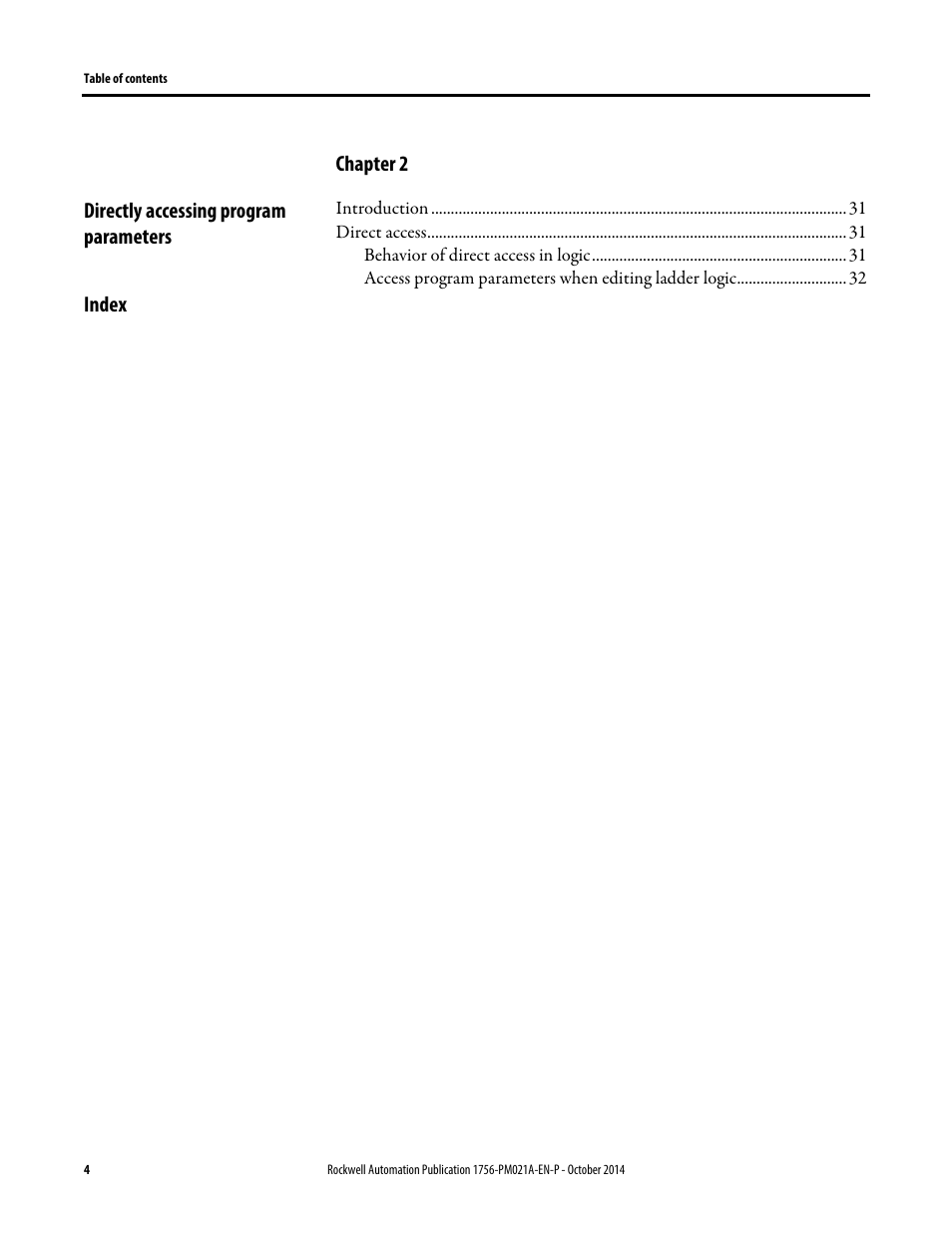 Chapter 2, Directly accessing program parameters, Index | Rockwell Automation Logix5000 Program Parameters Programming Manual User Manual | Page 4 / 36