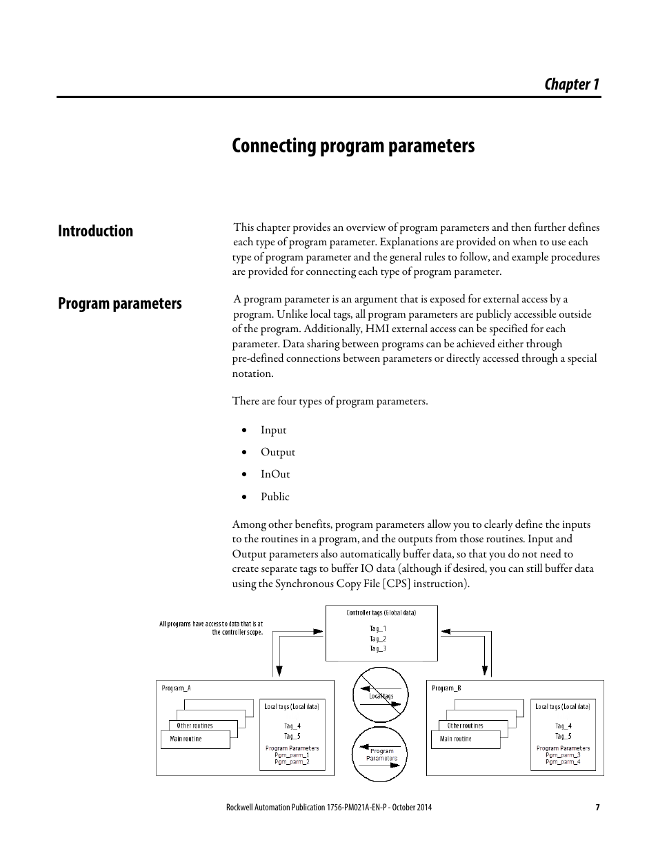 1 - connecting program parameters, Introduction, Program parameters | Chapter 1, Connecting program, Parameters, Connecting program parameters, Introduction program parameters | Rockwell Automation Logix5000 Program Parameters Programming Manual User Manual | Page 7 / 36