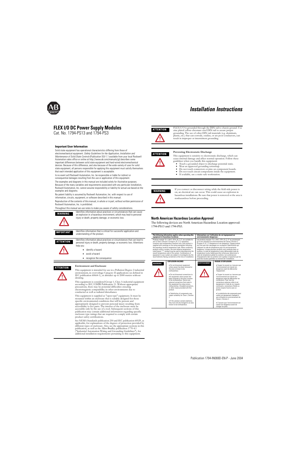 Rockwell Automation 1794-PS13_PS3 FLEX I/O dc Power Supply Install. Instr User Manual | 4 pages