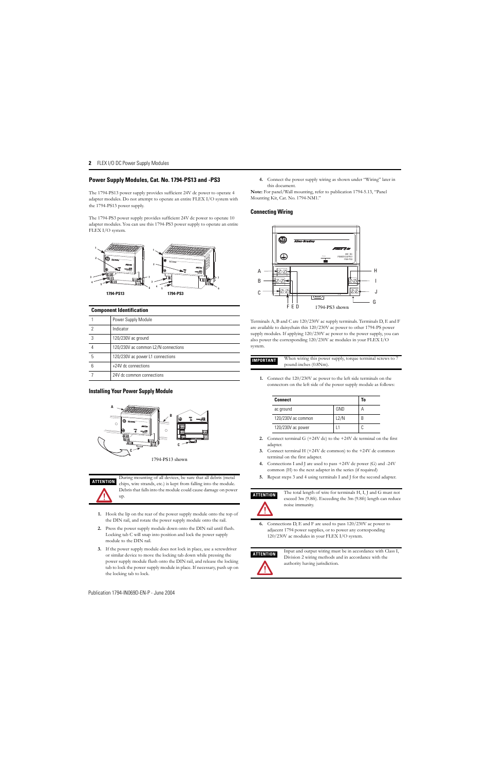 Installing your power supply module, Connecting wiring | Rockwell Automation 1794-PS13_PS3 FLEX I/O dc Power Supply Install. Instr User Manual | Page 2 / 4