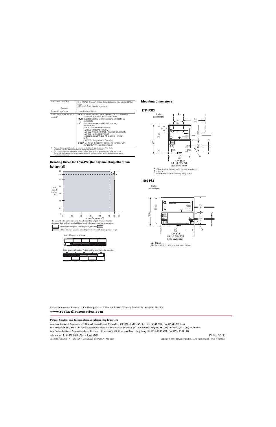 Mounting dimensions, Back cover, Power | Rockwell Automation 1794-PS13_PS3 FLEX I/O dc Power Supply Install. Instr User Manual | Page 4 / 4