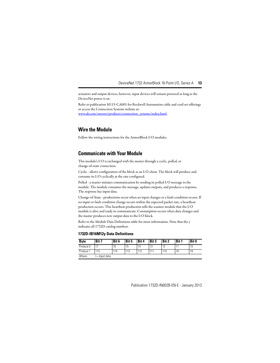 Wire the module, Communicate with your module | Rockwell Automation 1732D-XXXX PointBlock 16 dc Input Module Installation Instructions User Manual | Page 13 / 24