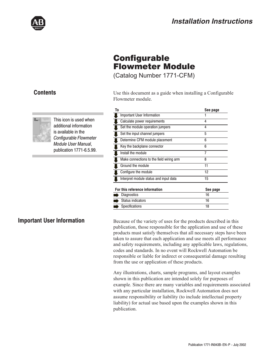 Rockwell Automation 1771-CFM Config. Flowmeter Installation Instructions User Manual | 20 pages