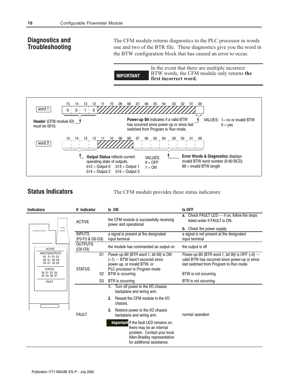 Diagnostics and troubleshooting status indicators, The cfm module provides these status indicators | Rockwell Automation 1771-CFM Config. Flowmeter Installation Instructions User Manual | Page 16 / 20