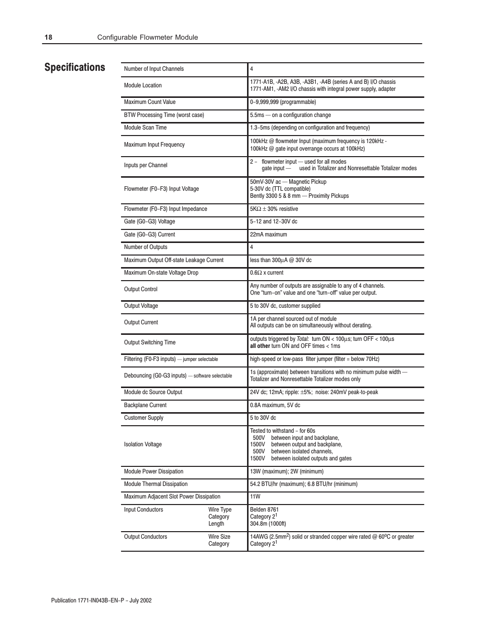 Specifications | Rockwell Automation 1771-CFM Config. Flowmeter Installation Instructions User Manual | Page 18 / 20