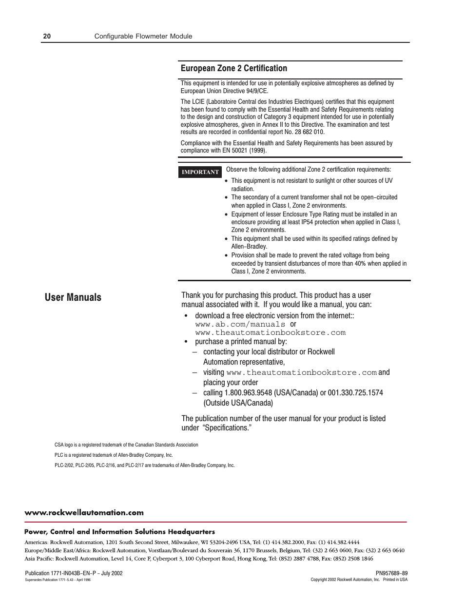 User manuals | Rockwell Automation 1771-CFM Config. Flowmeter Installation Instructions User Manual | Page 20 / 20