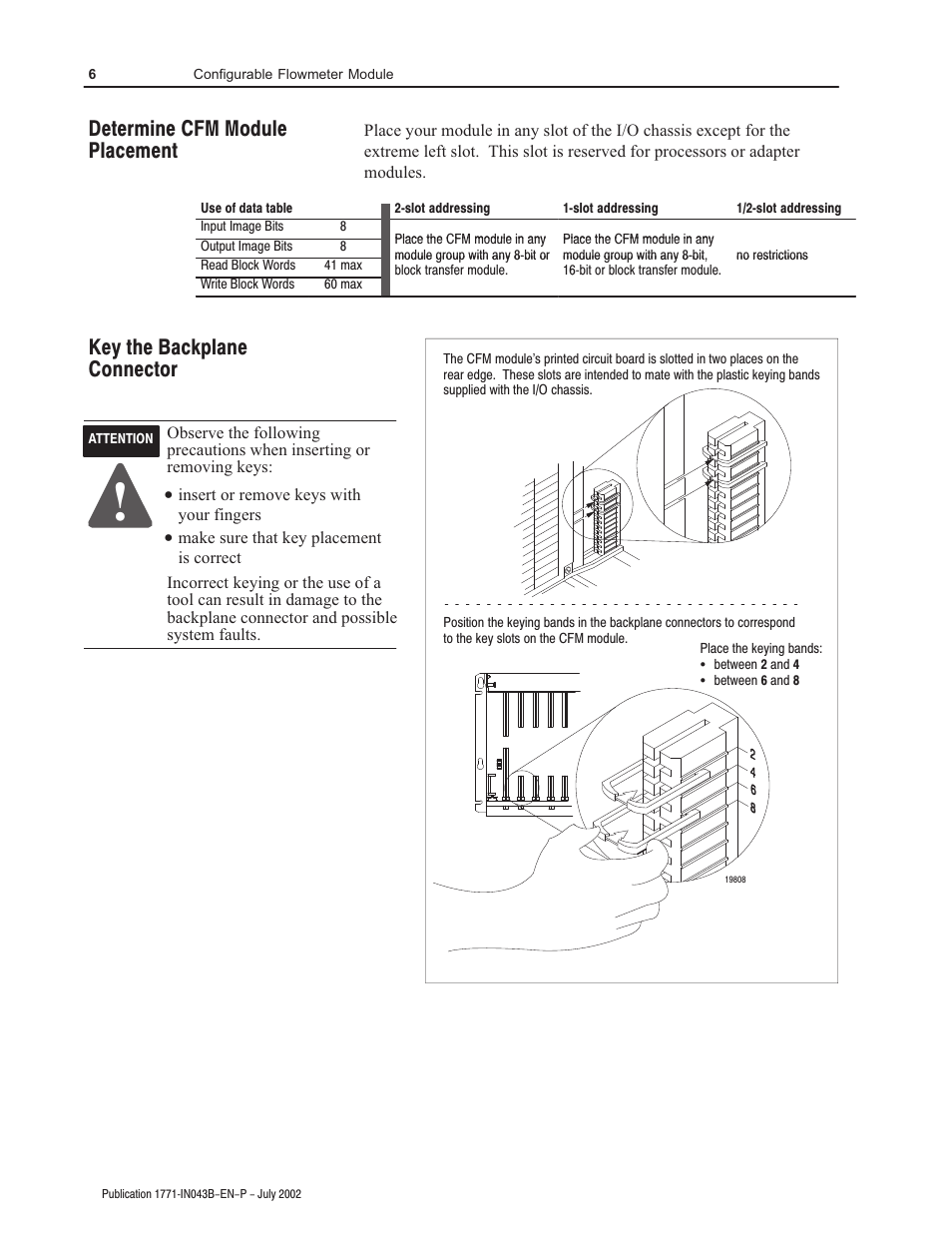 Key the backplane connector, Determine cfm module placement | Rockwell Automation 1771-CFM Config. Flowmeter Installation Instructions User Manual | Page 6 / 20