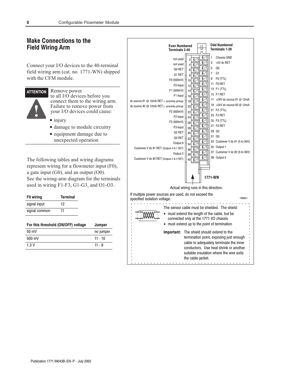 Make connections to the fieldwiring arm, Injury, Damage to module circuitry | Equipment damage due to unexpected operation | Rockwell Automation 1771-CFM Config. Flowmeter Installation Instructions User Manual | Page 8 / 20