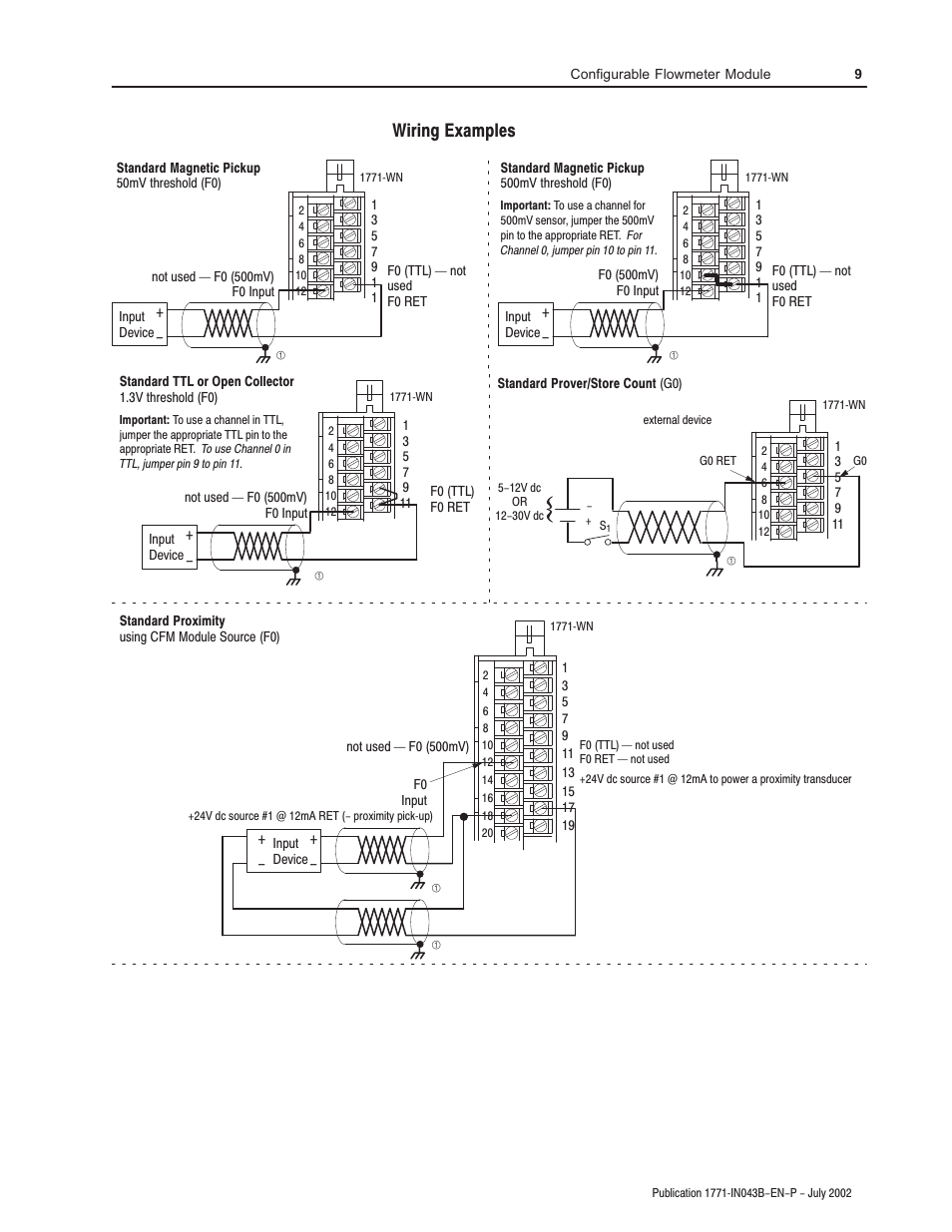 Wiring examples | Rockwell Automation 1771-CFM Config. Flowmeter Installation Instructions User Manual | Page 9 / 20