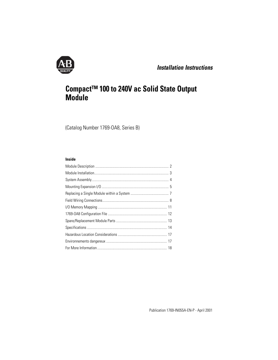Rockwell Automation 1769-OA8 Compact 100 to 240V ac Solid State Output Module User Manual | 20 pages