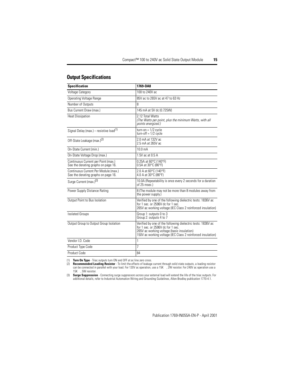 Output specifications | Rockwell Automation 1769-OA8 Compact 100 to 240V ac Solid State Output Module User Manual | Page 15 / 20