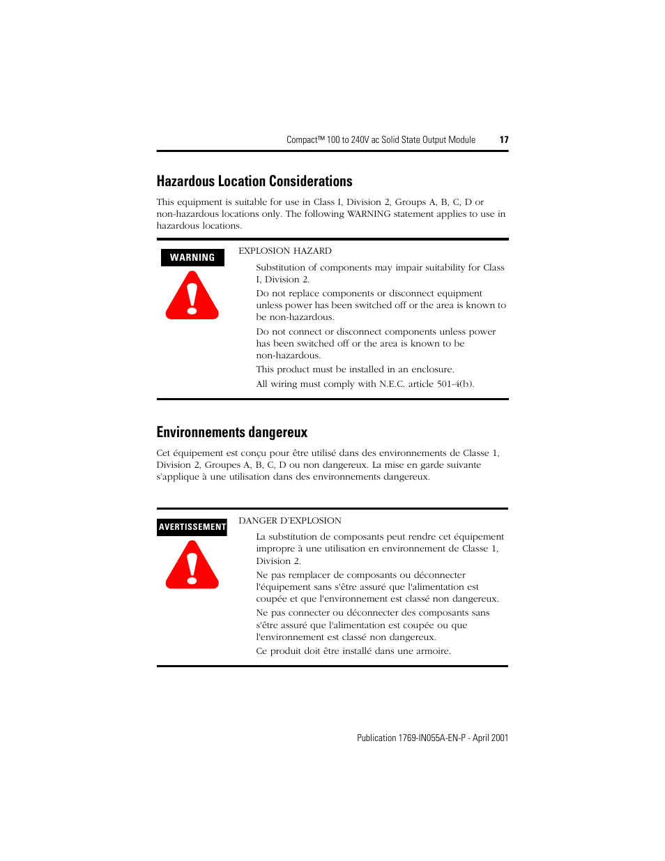 Hazardous location considerations, Environnements dangereux | Rockwell Automation 1769-OA8 Compact 100 to 240V ac Solid State Output Module User Manual | Page 17 / 20