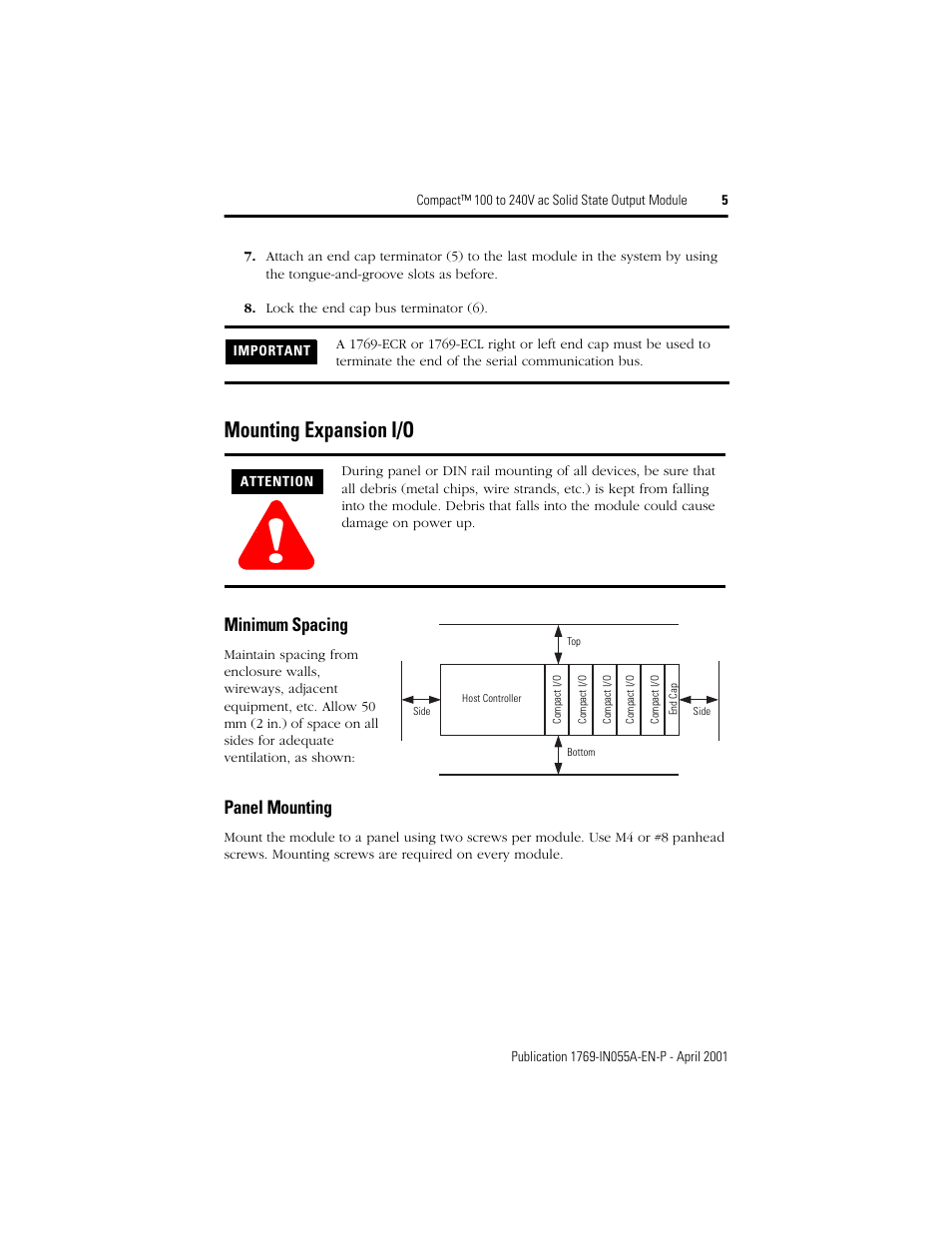 Mounting expansion i/o, Panel mounting, Minimum spacing | Rockwell Automation 1769-OA8 Compact 100 to 240V ac Solid State Output Module User Manual | Page 5 / 20