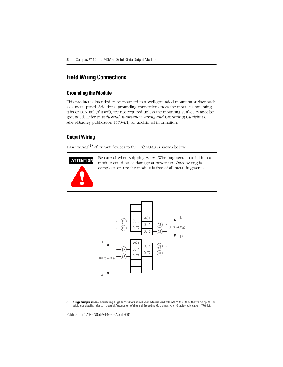 Field wiring connections, Grounding the module, Output wiring | Rockwell Automation 1769-OA8 Compact 100 to 240V ac Solid State Output Module User Manual | Page 8 / 20