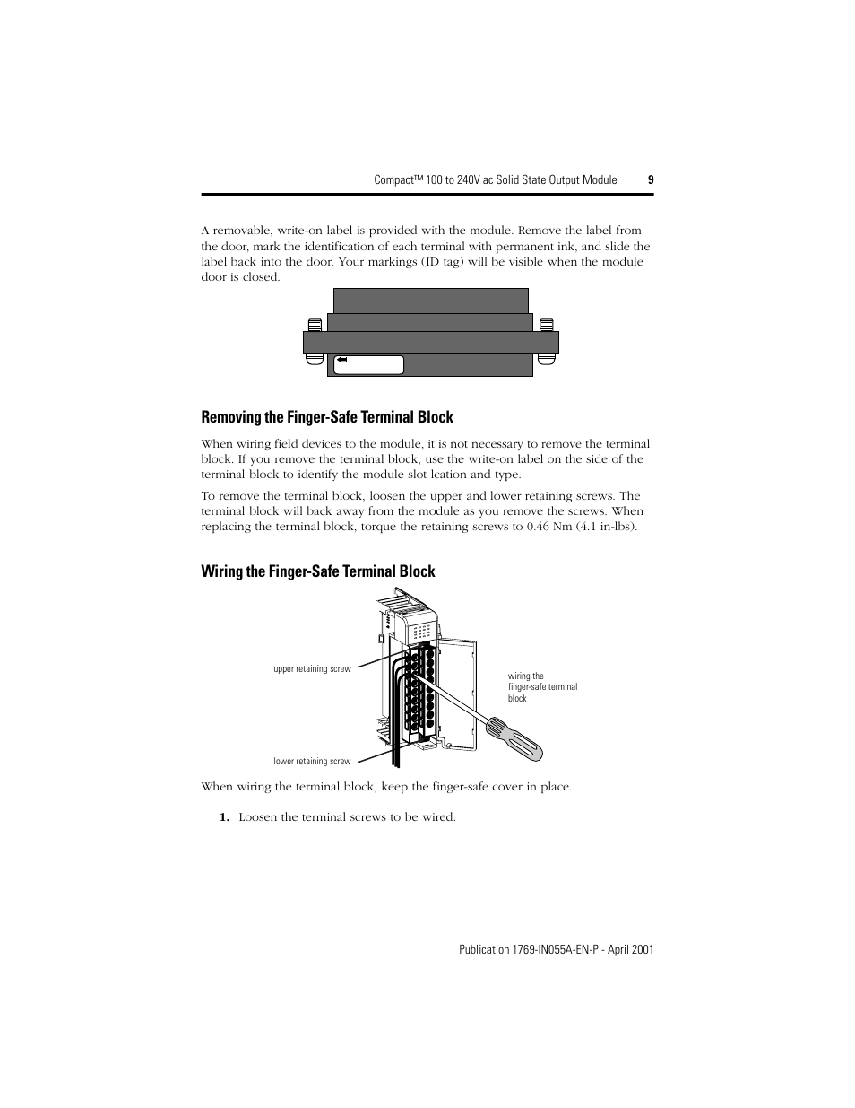 Removing the finger-safe terminal block, Wiring the finger-safe terminal block | Rockwell Automation 1769-OA8 Compact 100 to 240V ac Solid State Output Module User Manual | Page 9 / 20