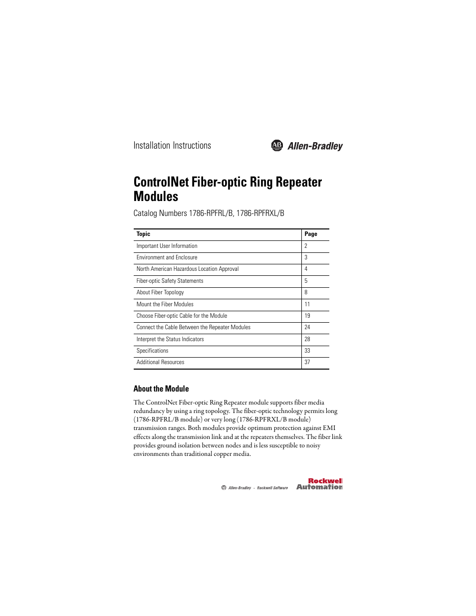 Rockwell Automation 1786-RPFRXL ControlNet Fiber Ring Modules Installation Instructions User Manual | 40 pages