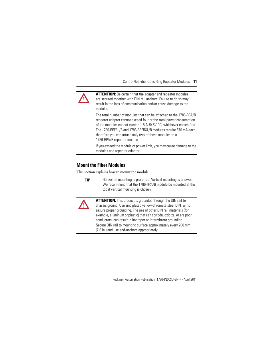 Mount the fiber modules | Rockwell Automation 1786-RPFRXL ControlNet Fiber Ring Modules Installation Instructions User Manual | Page 11 / 40