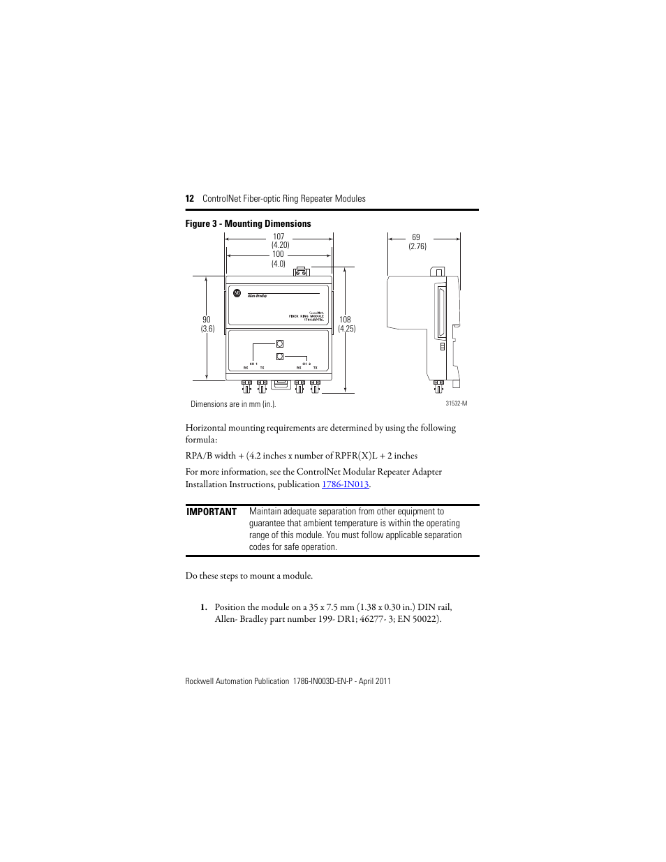 Mounting dimensions | Rockwell Automation 1786-RPFRXL ControlNet Fiber Ring Modules Installation Instructions User Manual | Page 12 / 40