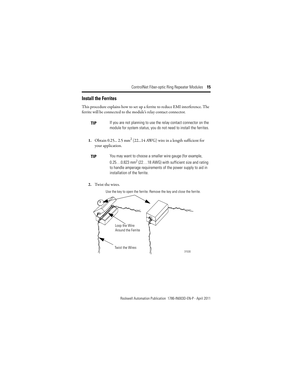 Install the ferrites | Rockwell Automation 1786-RPFRXL ControlNet Fiber Ring Modules Installation Instructions User Manual | Page 15 / 40