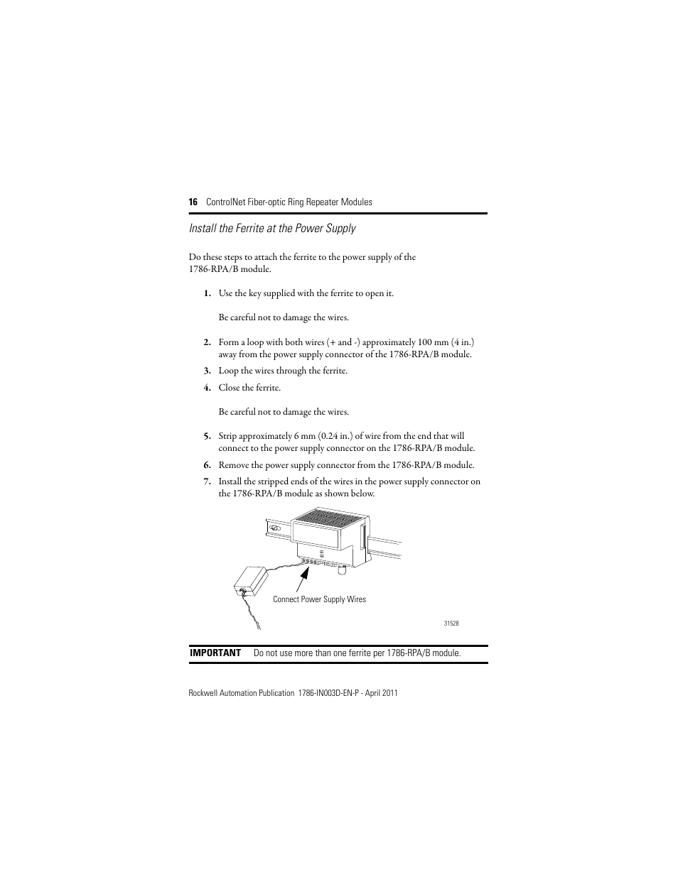 Install the ferrite at the power supply | Rockwell Automation 1786-RPFRXL ControlNet Fiber Ring Modules Installation Instructions User Manual | Page 16 / 40