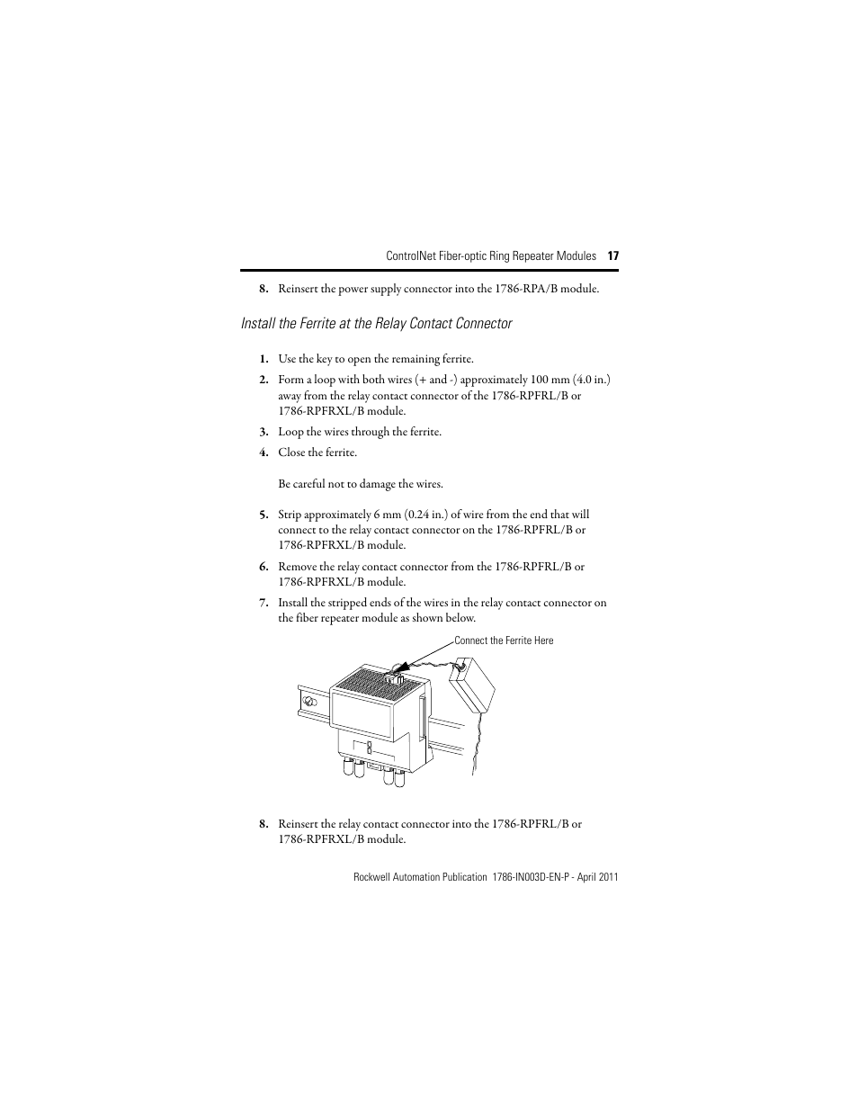 Install the ferrite at the relay contact connector | Rockwell Automation 1786-RPFRXL ControlNet Fiber Ring Modules Installation Instructions User Manual | Page 17 / 40