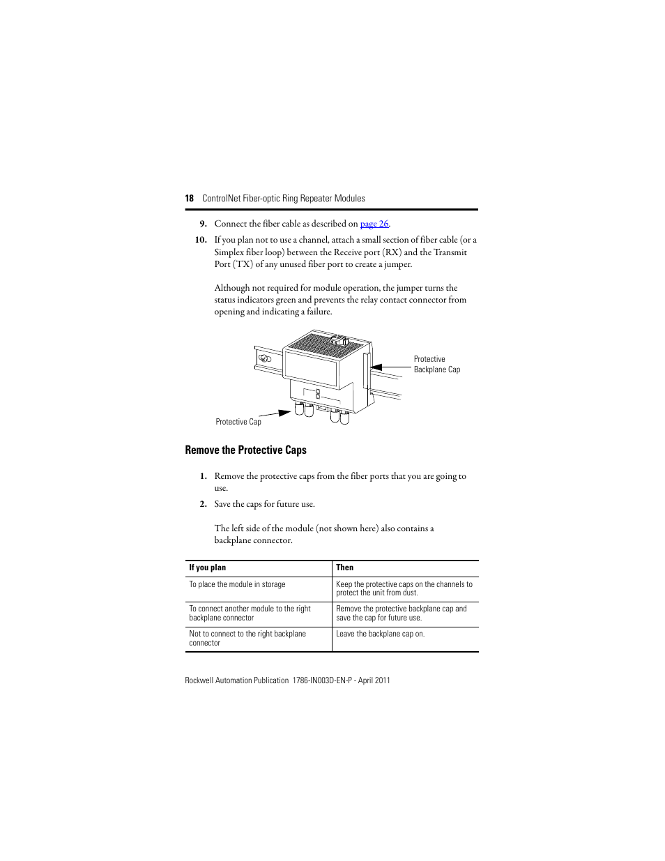 Remove the protective caps | Rockwell Automation 1786-RPFRXL ControlNet Fiber Ring Modules Installation Instructions User Manual | Page 18 / 40