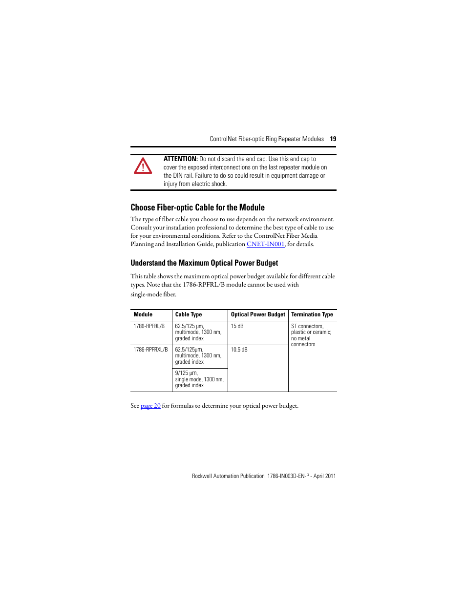 Choose fiber-optic cable for the module, Understand the maximum optical power budget | Rockwell Automation 1786-RPFRXL ControlNet Fiber Ring Modules Installation Instructions User Manual | Page 19 / 40