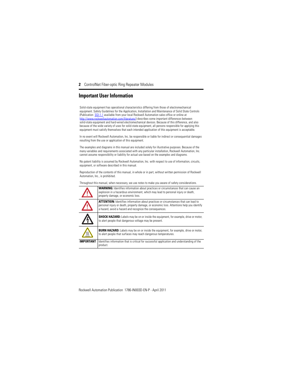 Important user information | Rockwell Automation 1786-RPFRXL ControlNet Fiber Ring Modules Installation Instructions User Manual | Page 2 / 40