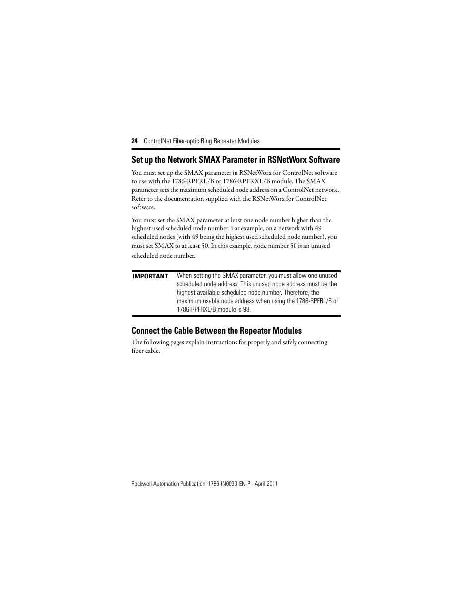 Connect the cable between the repeater modules | Rockwell Automation 1786-RPFRXL ControlNet Fiber Ring Modules Installation Instructions User Manual | Page 24 / 40