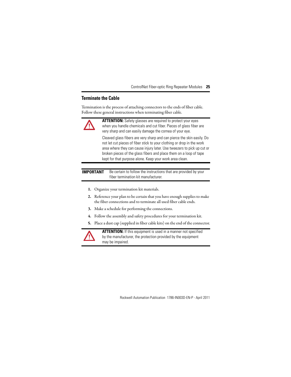 Terminate the cable | Rockwell Automation 1786-RPFRXL ControlNet Fiber Ring Modules Installation Instructions User Manual | Page 25 / 40