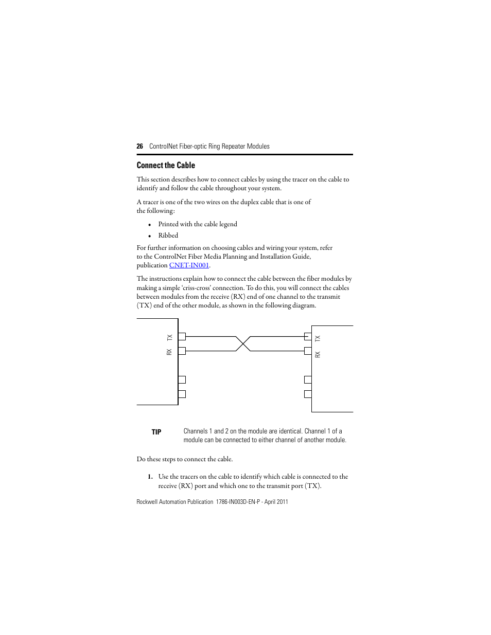 Connect the cable | Rockwell Automation 1786-RPFRXL ControlNet Fiber Ring Modules Installation Instructions User Manual | Page 26 / 40